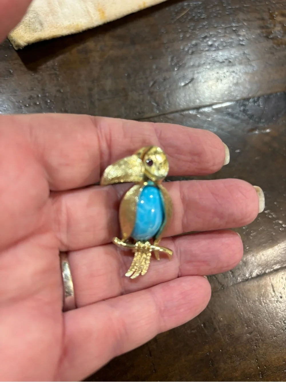 Gold-Tone Parrot Brooch with Turquoise Cabochon and Pink Accent